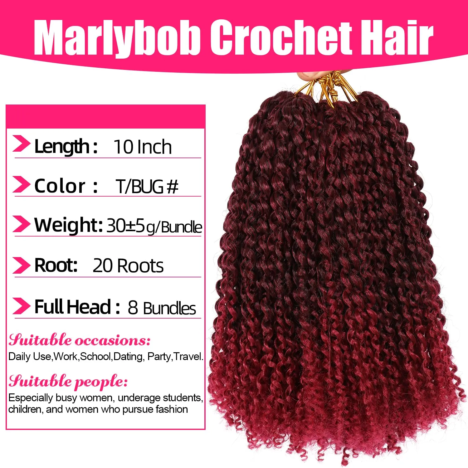 10 Inch Short Passion Twist Hair Marlybob Crochet 8Bundles Kinky Curly Braids Jerry (8Bundles10 Inch, 1B/Burgundy)