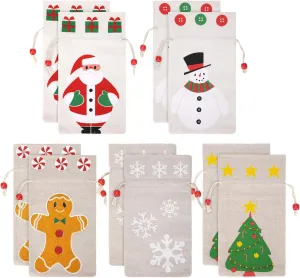 10 Pieces Small Christmas Drawstring Gift Bags 5x9 Inches Burlap Gift Bags Christmas Santa Snowman Linen Candy Bag Sacks for Xmas Holiday Party Favors