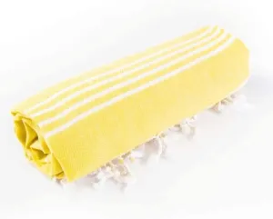 100% Cotton Quick Dry Turkish Extra Large Beach Towel Sand Proof with Fringe Edges for Boho Look | Yellow Lemon/White Striped Pattern Soft Plush Super Absorbent | Lightweight Best for Travel Pool Spa