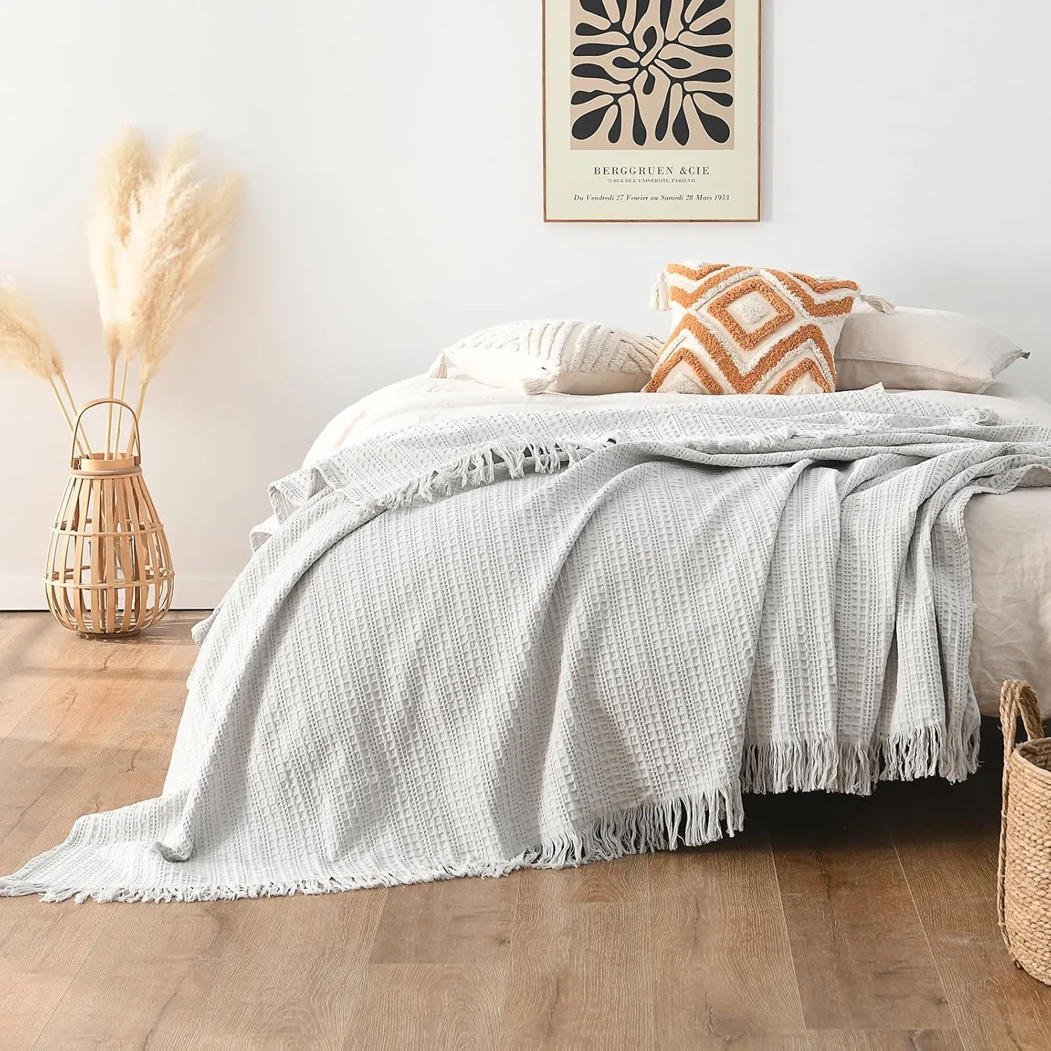 100% Cotton Waffle Blanket with Fringe, Pre-Washed Waffle Weave Blanket for All Season, Lightweight Breathable Soft Cozy Throw Blanket for Couch, Bed, Travel (Light Grey - 66x90 Inches)