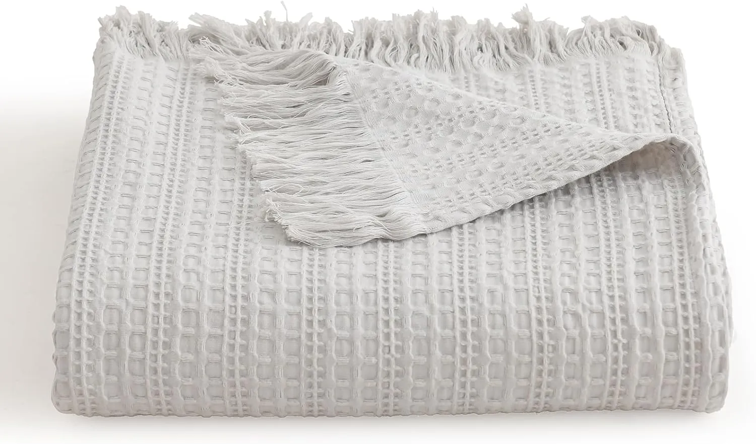 100% Cotton Waffle Blanket with Fringe, Pre-Washed Waffle Weave Blanket for All Season, Lightweight Breathable Soft Cozy Throw Blanket for Couch, Bed, Travel (Light Grey - 66x90 Inches)