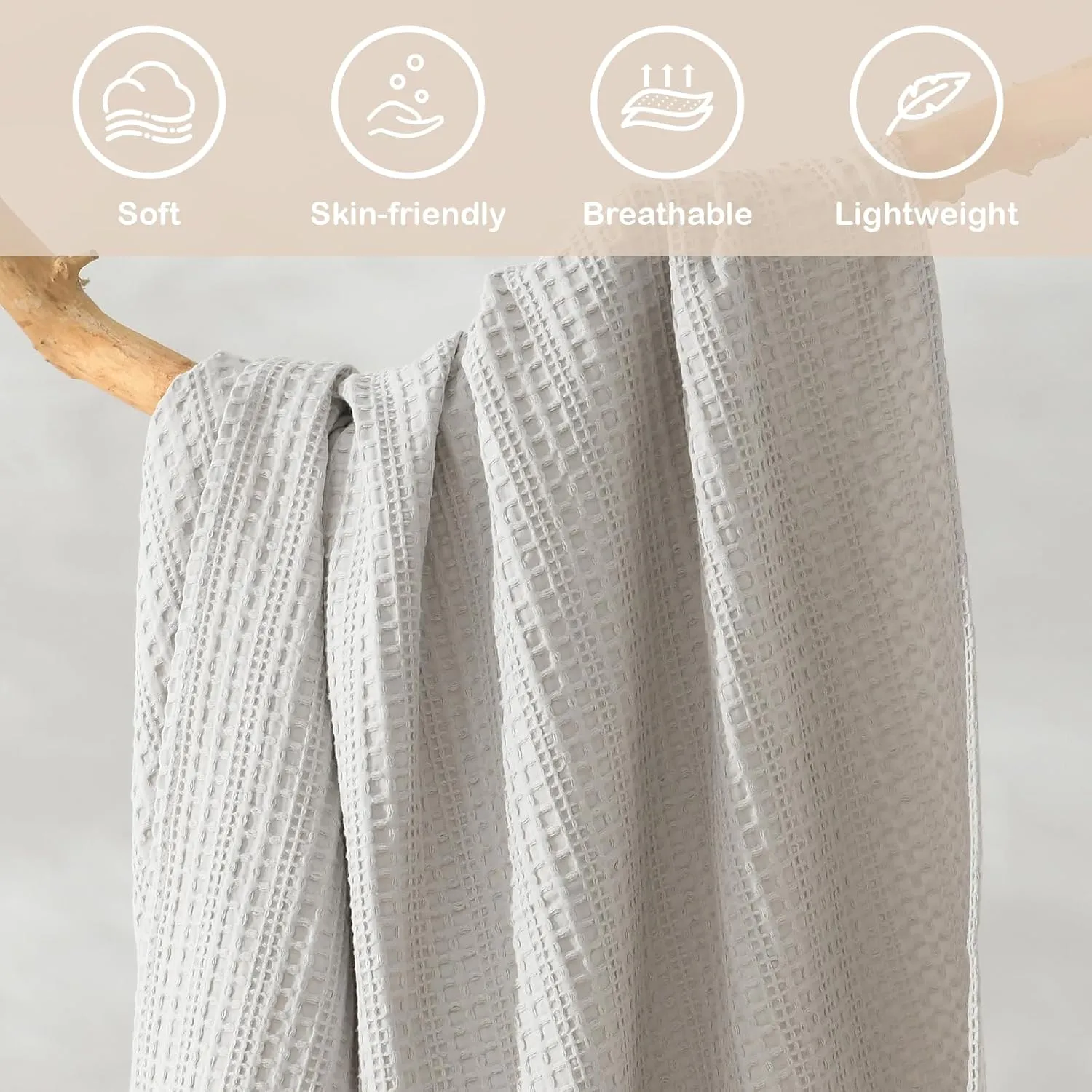 100% Cotton Waffle Blanket with Fringe, Pre-Washed Waffle Weave Blanket for All Season, Lightweight Breathable Soft Cozy Throw Blanket for Couch, Bed, Travel (Light Grey - 66x90 Inches)