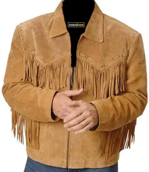 100% Genuine Leather Suede Western Jacket with Frings Cowboy Native American Jacket Coat-2XL Black