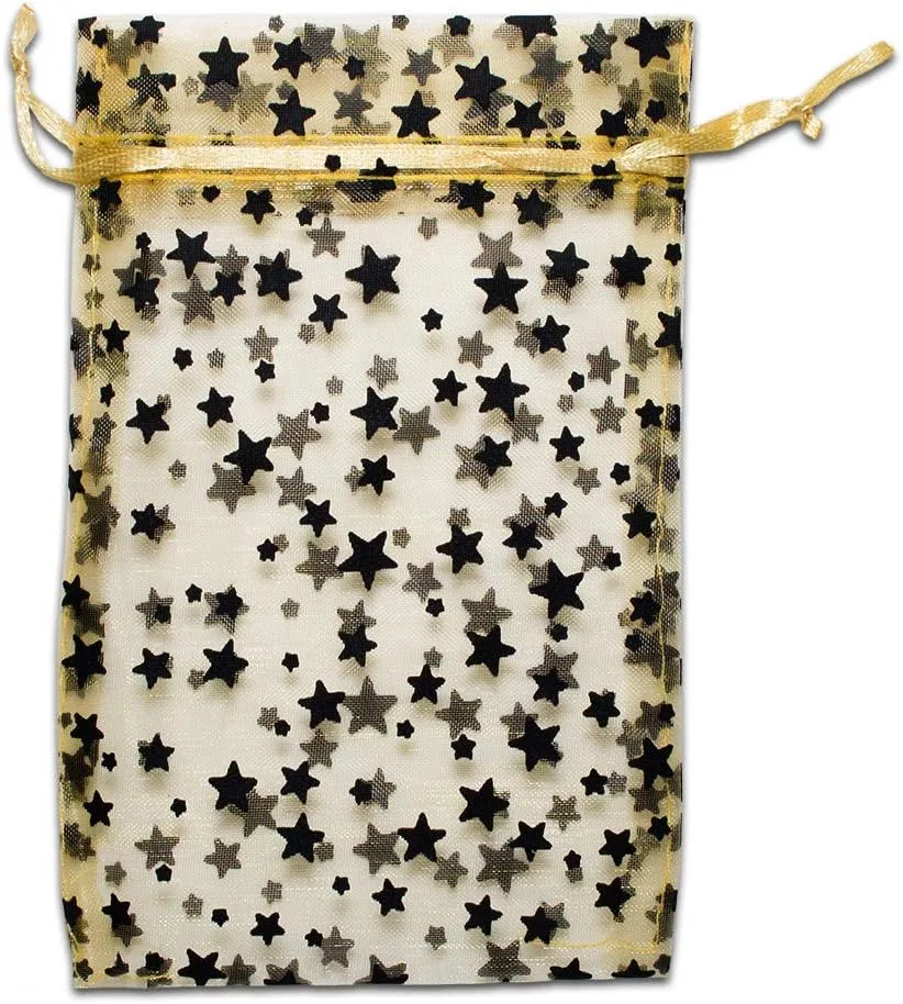 100-Pack 4x6 Sheer Organza Drawstring Gift Bags (Medium) - Metallic Stars (Gold/Black) - Wedding Party Favors, Jewelry, Candy, Treats Mesh Pouch by The Display Guys