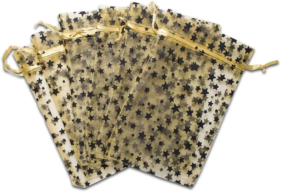 100-Pack 4x6 Sheer Organza Drawstring Gift Bags (Medium) - Metallic Stars (Gold/Black) - Wedding Party Favors, Jewelry, Candy, Treats Mesh Pouch by The Display Guys