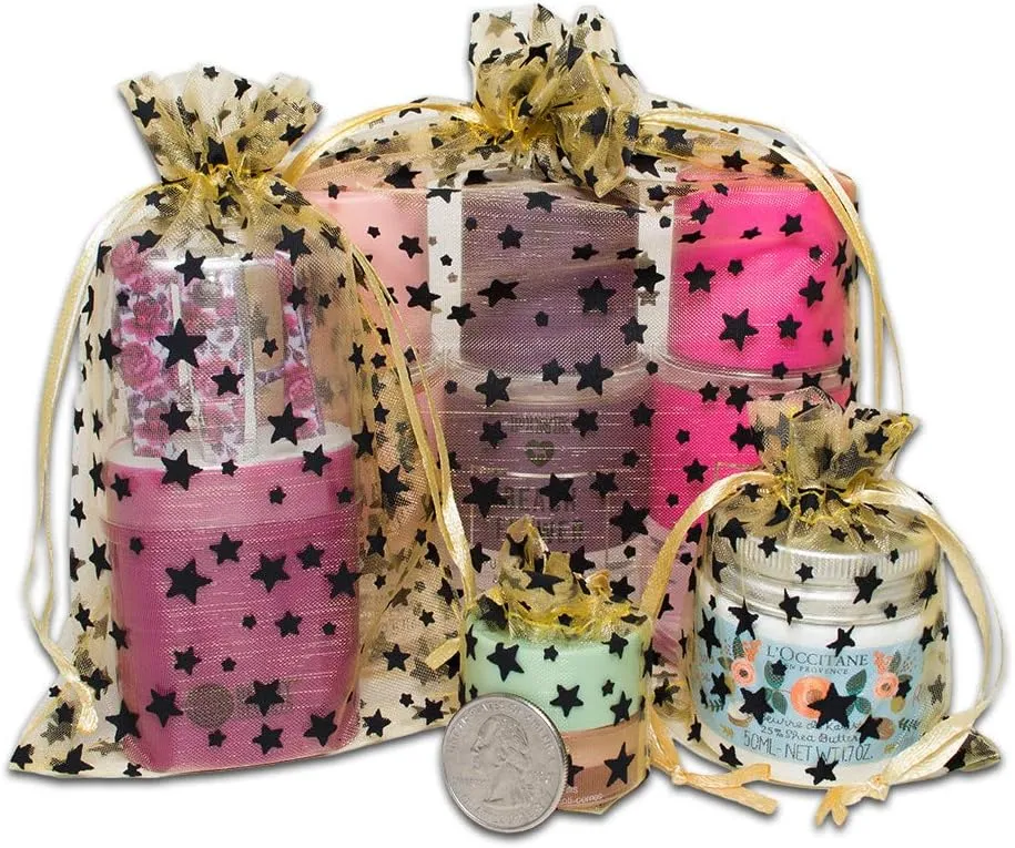 100-Pack 4x6 Sheer Organza Drawstring Gift Bags (Medium) - Metallic Stars (Gold/Black) - Wedding Party Favors, Jewelry, Candy, Treats Mesh Pouch by The Display Guys