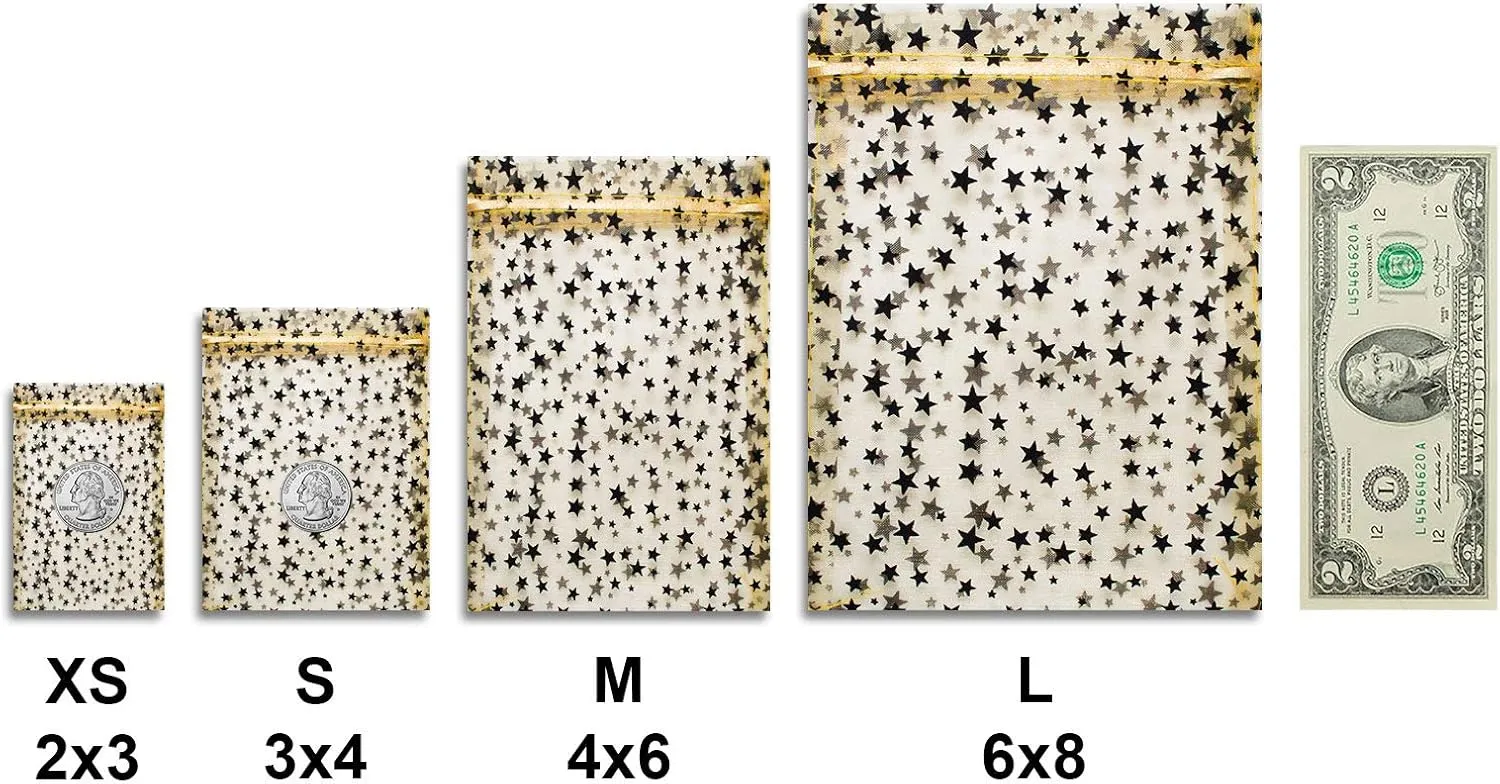 100-Pack 4x6 Sheer Organza Drawstring Gift Bags (Medium) - Metallic Stars (Gold/Black) - Wedding Party Favors, Jewelry, Candy, Treats Mesh Pouch by The Display Guys