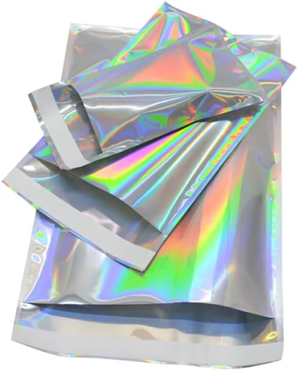 100Pcs Poly Mailers Holographic Metallic Aluminum Foil Glitter Bag Shipping Envelopes Mailing Self Sealing Envelope Packaging Pouches Mylar Bags Storage Bags 4.5×6.5in (11.5×16.5cm)