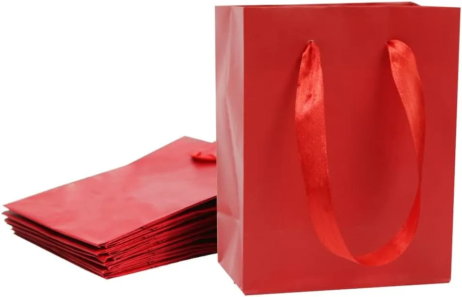 100pk Extra Small Gift Wrap Paper bags with Ribbon Handles(4.5x5.5x2.5in), for Party Favors, Baby Shower, Weddings,Holidays,Graduation,Birthdays,Celebrations,Bridesmaids Gifts,Bulk Solid Color (red)