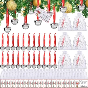 108 Pcs Christmas Believe Bell Gifts Include Sleigh Bells Hanging Ornament with Red Ribbon and Believe Cards and Organza Bags for Home Christmas Tree Baby Shower Party,1.5 Inch