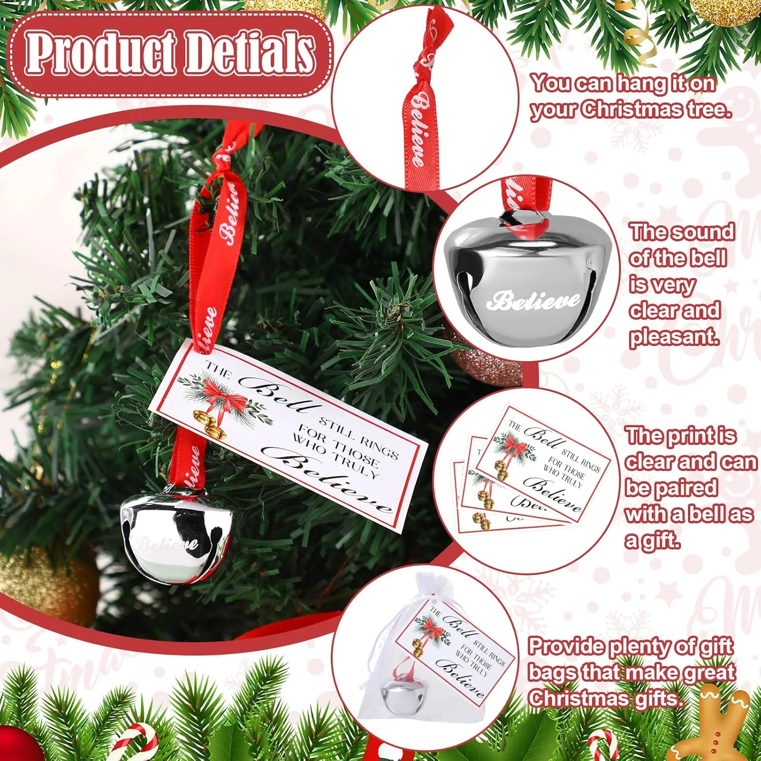 108 Pcs Christmas Believe Bell Gifts Include Sleigh Bells Hanging Ornament with Red Ribbon and Believe Cards and Organza Bags for Home Christmas Tree Baby Shower Party,1.5 Inch