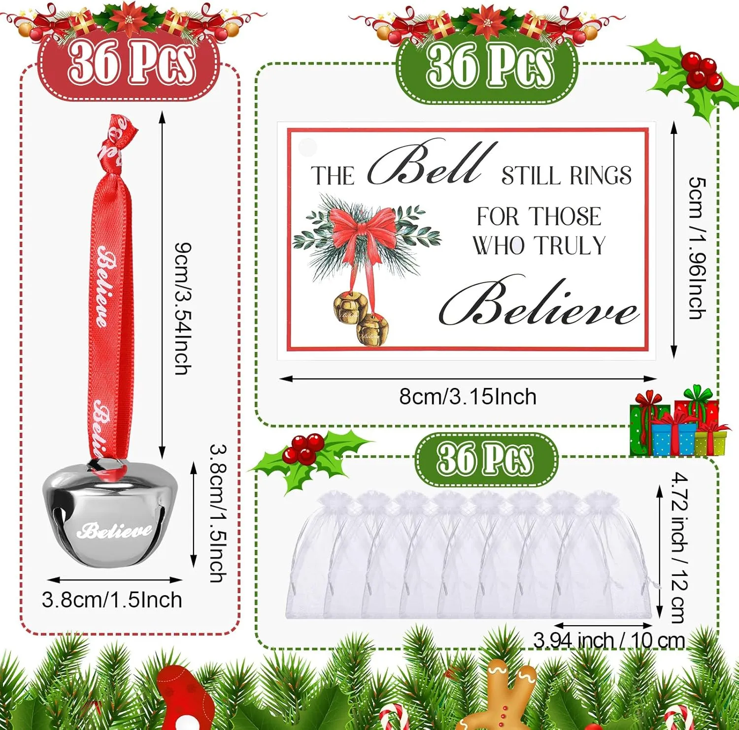 108 Pcs Christmas Believe Bell Gifts Include Sleigh Bells Hanging Ornament with Red Ribbon and Believe Cards and Organza Bags for Home Christmas Tree Baby Shower Party,1.5 Inch