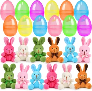 12 Packs Easter Egg Basket Stuffers Plush Bunny Plastic Easter Eggs Fillers Kids Party Favors Surprise Easter Eggs Hunt Games Supplies Birthday Gifts Toddler Girls Toys Goodies Bags