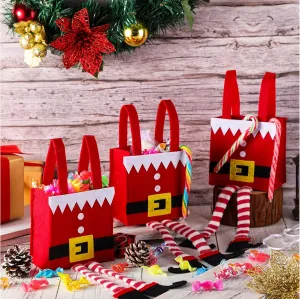 12 Pcs Christmas Santa Pants Treat Bags Elf Boots Candy Bag Red Handbags Xmas Gift Bag With Handle and Foot Socks for Boys Girls Party Favor Present Holiday Decorations