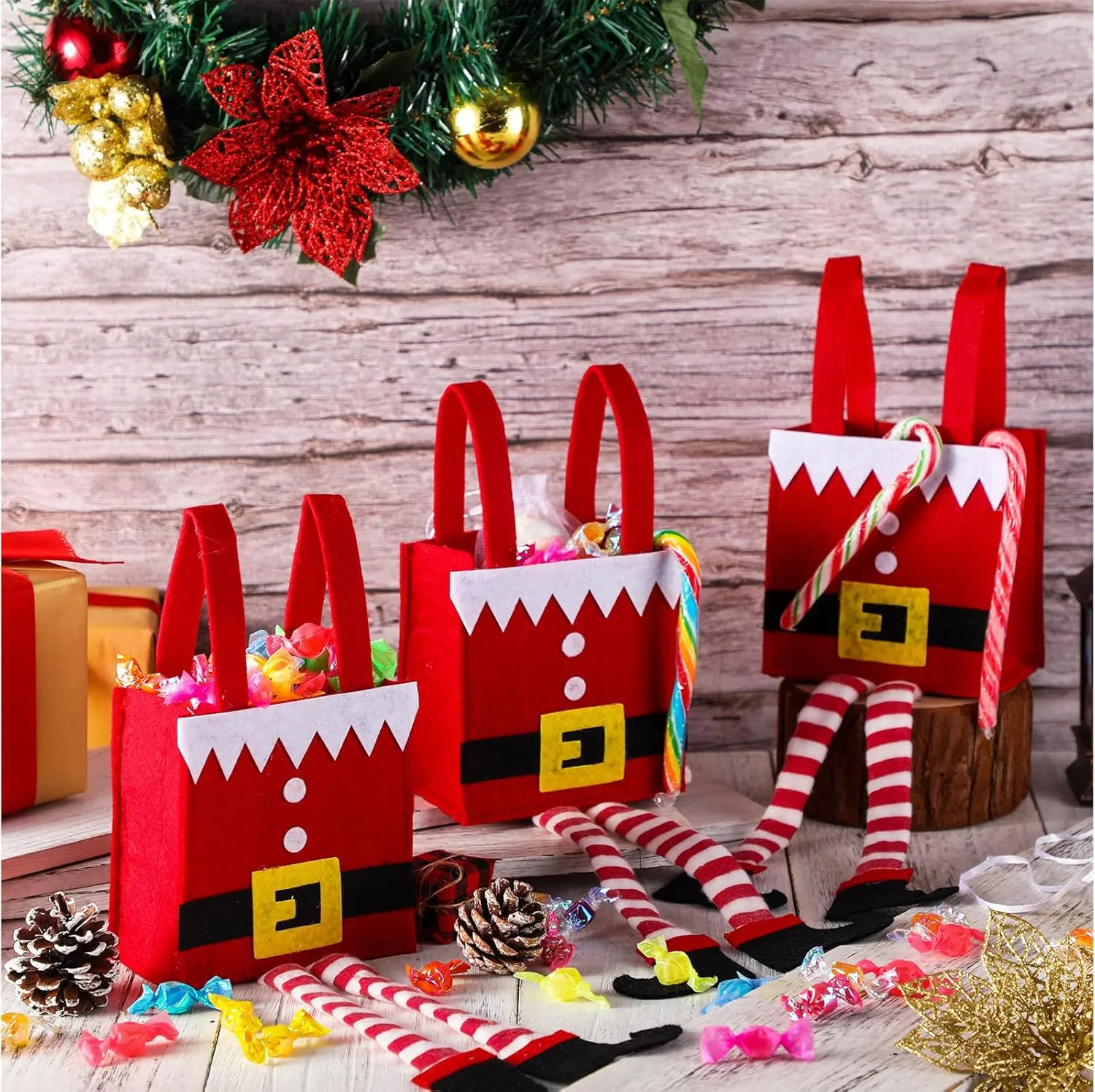 12 Pcs Christmas Santa Pants Treat Bags Elf Boots Candy Bag Red Handbags Xmas Gift Bag With Handle and Foot Socks for Boys Girls Party Favor Present Holiday Decorations