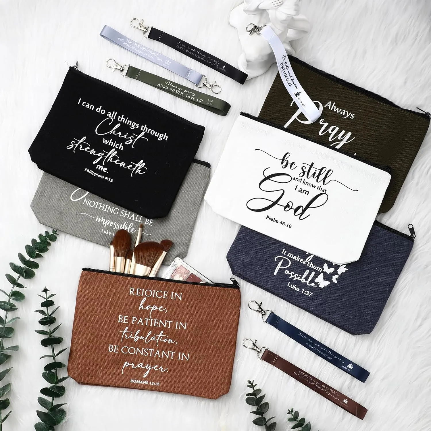 12 Pcs Mother's Day Christian Gift for Women Religious Makeup Bag Bible Verse Lanyard Keychain for Teacher Nurse(Neutral Colors,Inspirational Words)