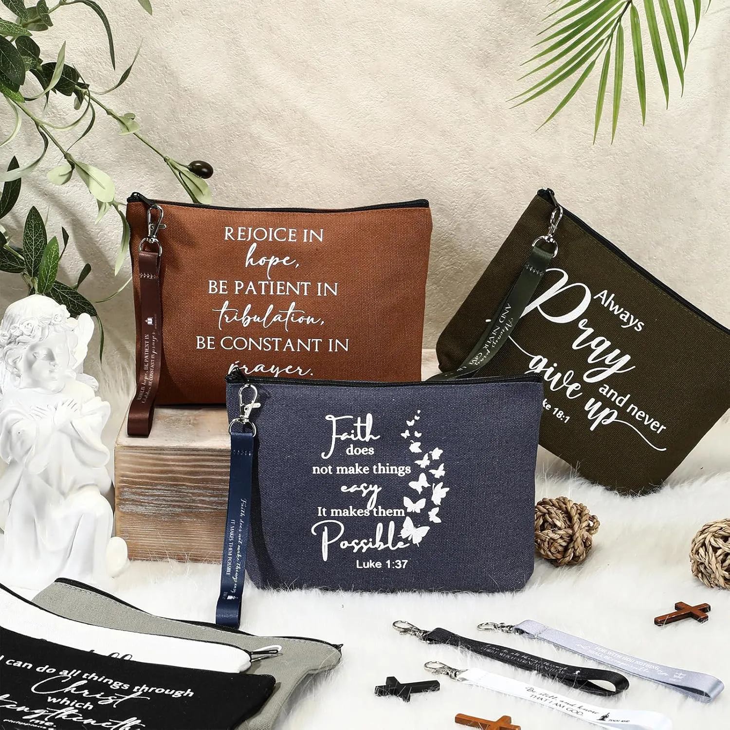 12 Pcs Mother's Day Christian Gift for Women Religious Makeup Bag Bible Verse Lanyard Keychain for Teacher Nurse(Neutral Colors,Inspirational Words)
