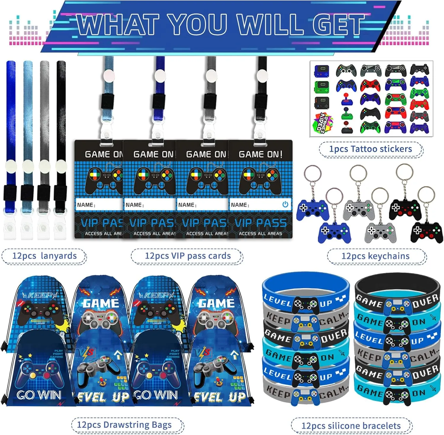 122Pcs Video Game Party Favors, Gamer Party Favors for Boys Includes 13 x 11 Inch Video Game Party Drawstring Bags Bracelets VIP Passes with Lanyards Keychains Tattoo Stickers for Gaming Party Favor