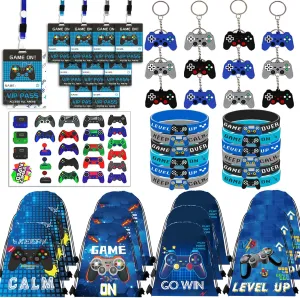 122Pcs Video Game Party Favors, Gamer Party Favors for Boys Includes 13 x 11 Inch Video Game Party Drawstring Bags Bracelets VIP Passes with Lanyards Keychains Tattoo Stickers for Gaming Party Favor