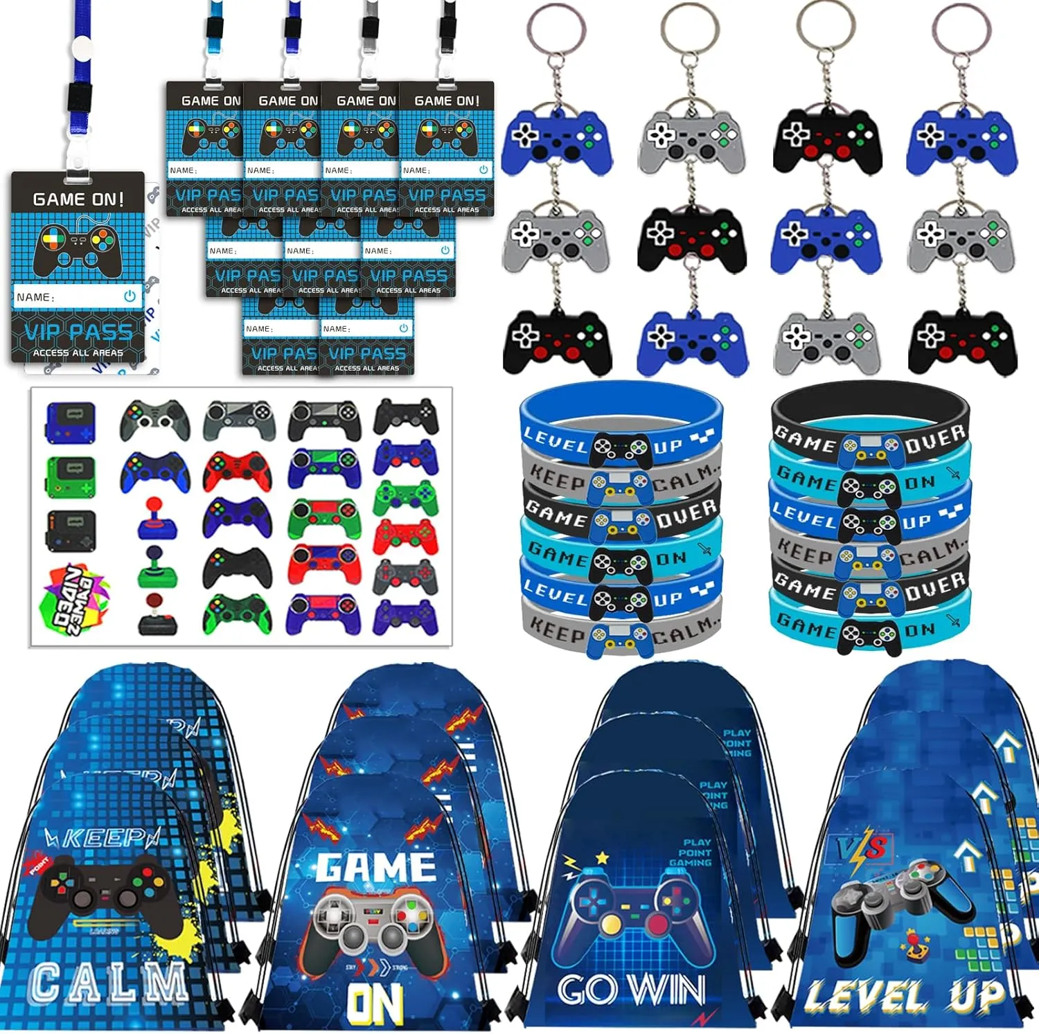 122Pcs Video Game Party Favors, Gamer Party Favors for Boys Includes 13 x 11 Inch Video Game Party Drawstring Bags Bracelets VIP Passes with Lanyards Keychains Tattoo Stickers for Gaming Party Favor