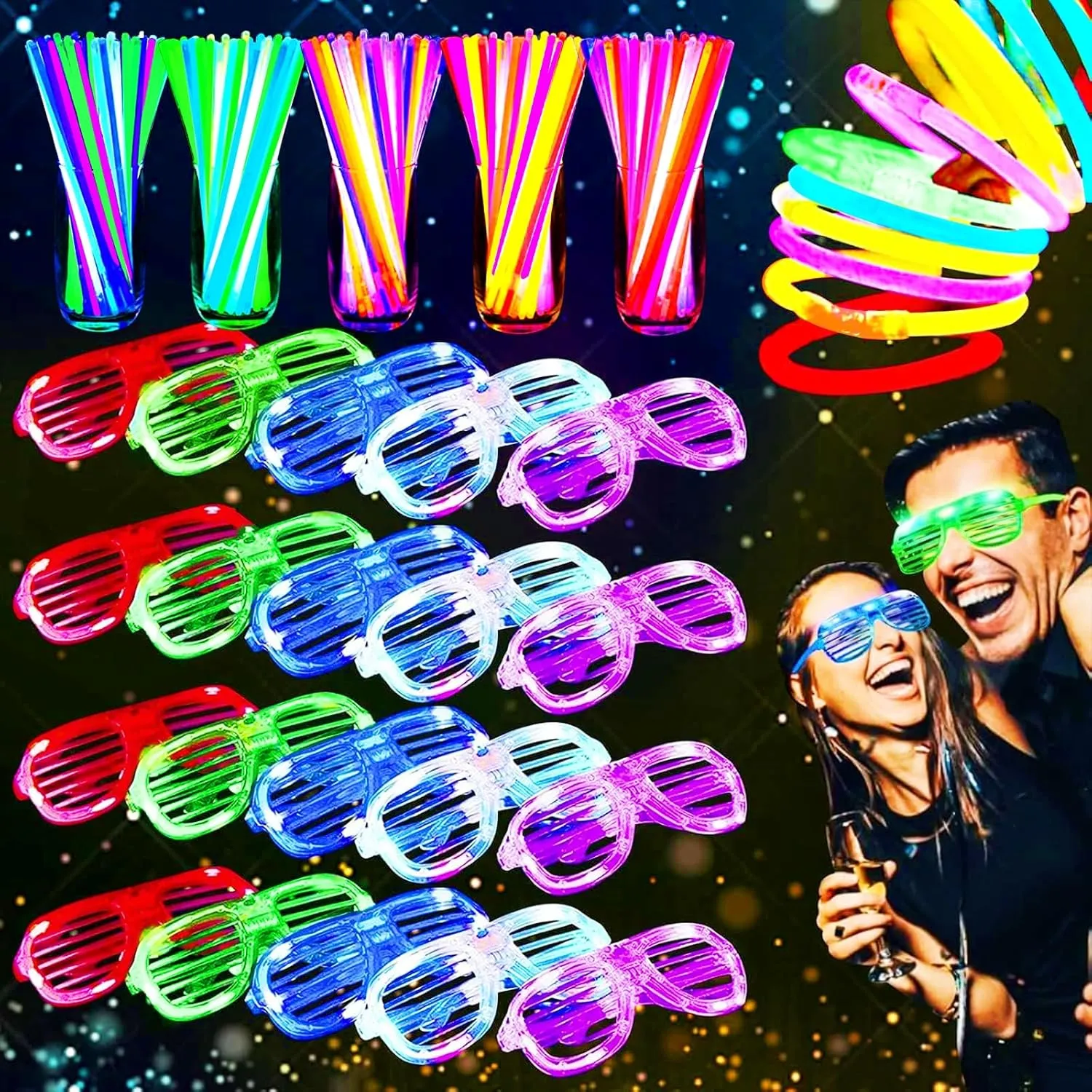 125 Pack Glow in the Dark Party Supplies for Kids Adults,Light Up Party Favors with 25 LED Glow Glasses Sunglasses,100 Glow Sticks Bulk Glow Bracelets for Wedding 4th of July Patriotic Pool Fiesta