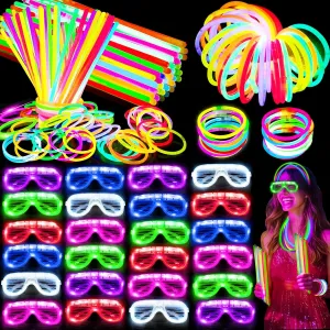 125 Pack Glow in the Dark Party Supplies with 100 Glow Sticks Bracelets and 25 Shutter Shades Flashing Glasses, LED Light Up Neon Pool Party Favors for Kid/Adult Birthday Wedding Carnival 4th of July