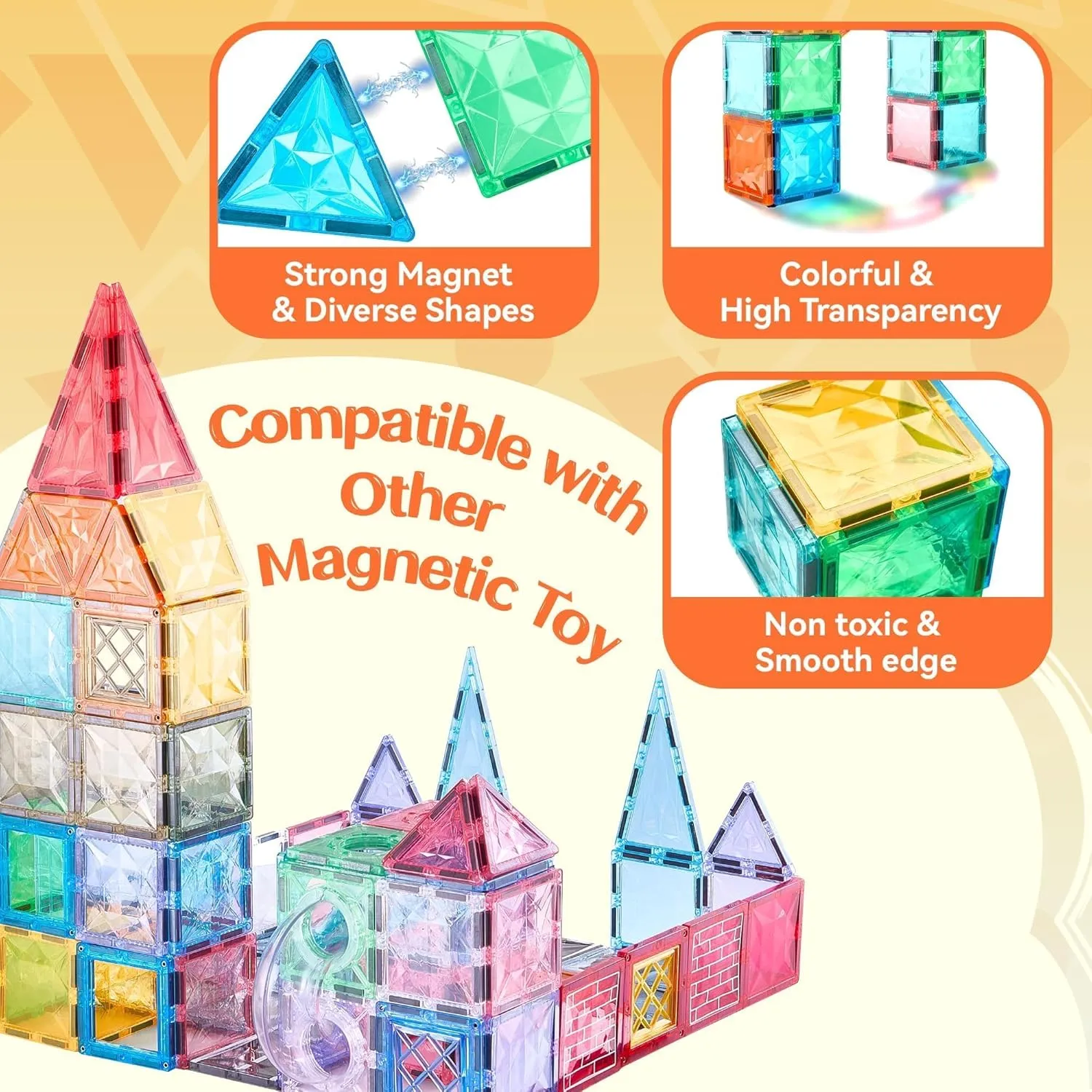 126-Piece Magnetic Tiles Building Blocks Set - STEM Construction Kit with Car Toy Figurines & Stickers, Educational Sensory Toys for Kids Ages 3-8, Creative Gift for Toddlers, Boys & Girls