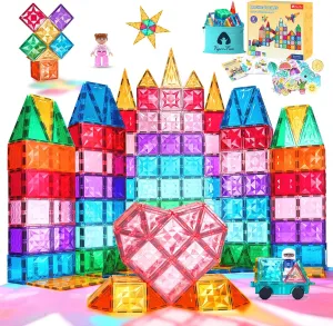126-Piece Magnetic Tiles Building Blocks Set - STEM Construction Kit with Car Toy Figurines & Stickers, Educational Sensory Toys for Kids Ages 3-8, Creative Gift for Toddlers, Boys & Girls