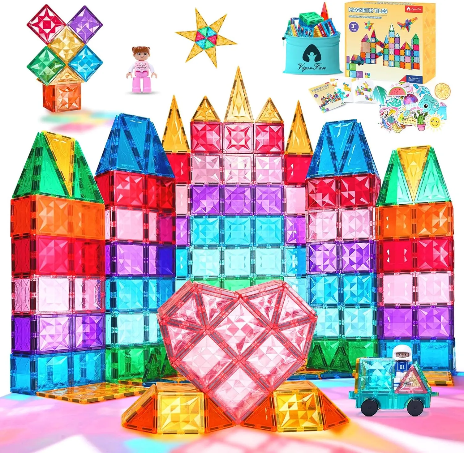 126-Piece Magnetic Tiles Building Blocks Set - STEM Construction Kit with Car Toy Figurines & Stickers, Educational Sensory Toys for Kids Ages 3-8, Creative Gift for Toddlers, Boys & Girls