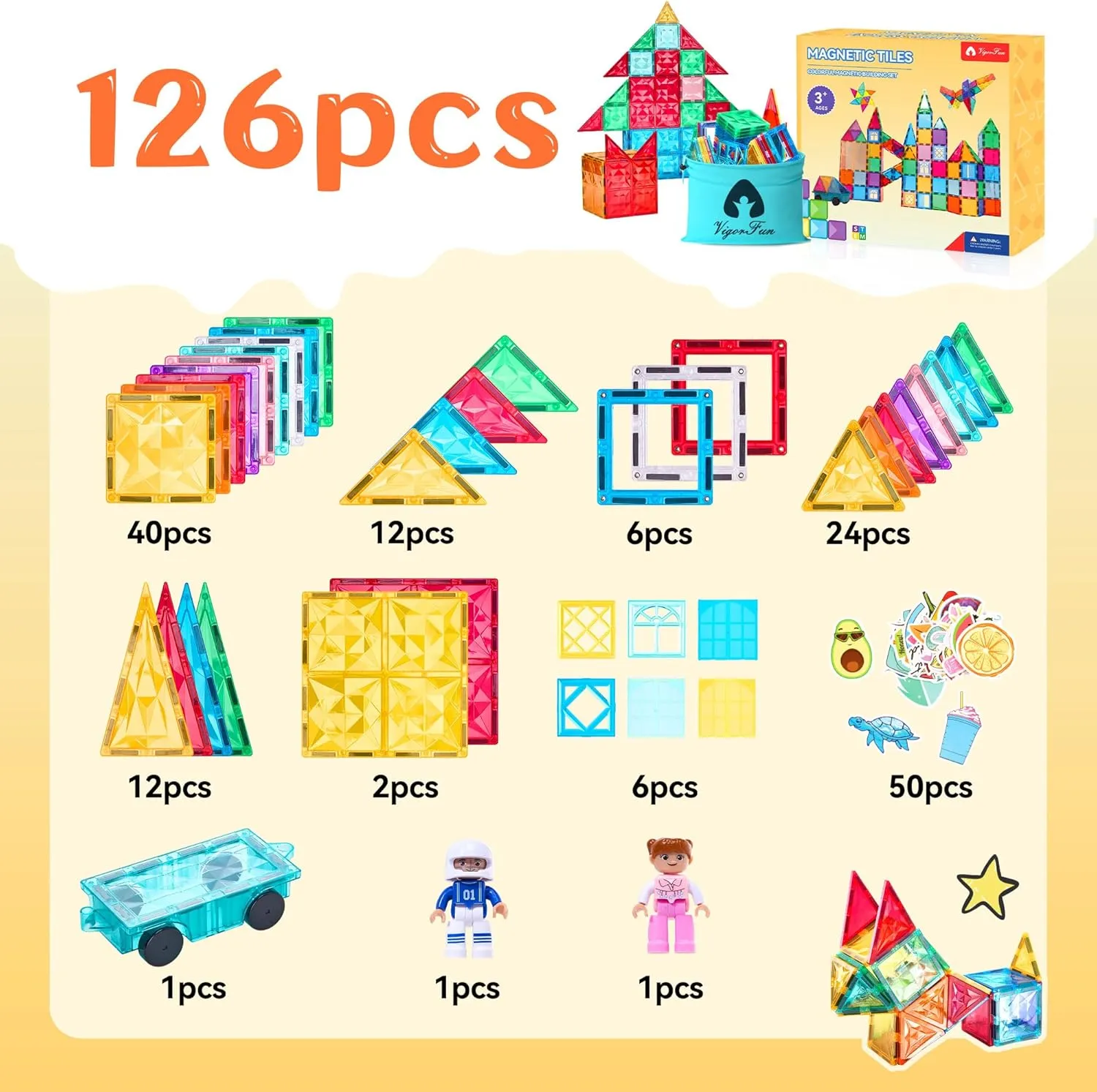 126-Piece Magnetic Tiles Building Blocks Set - STEM Construction Kit with Car Toy Figurines & Stickers, Educational Sensory Toys for Kids Ages 3-8, Creative Gift for Toddlers, Boys & Girls