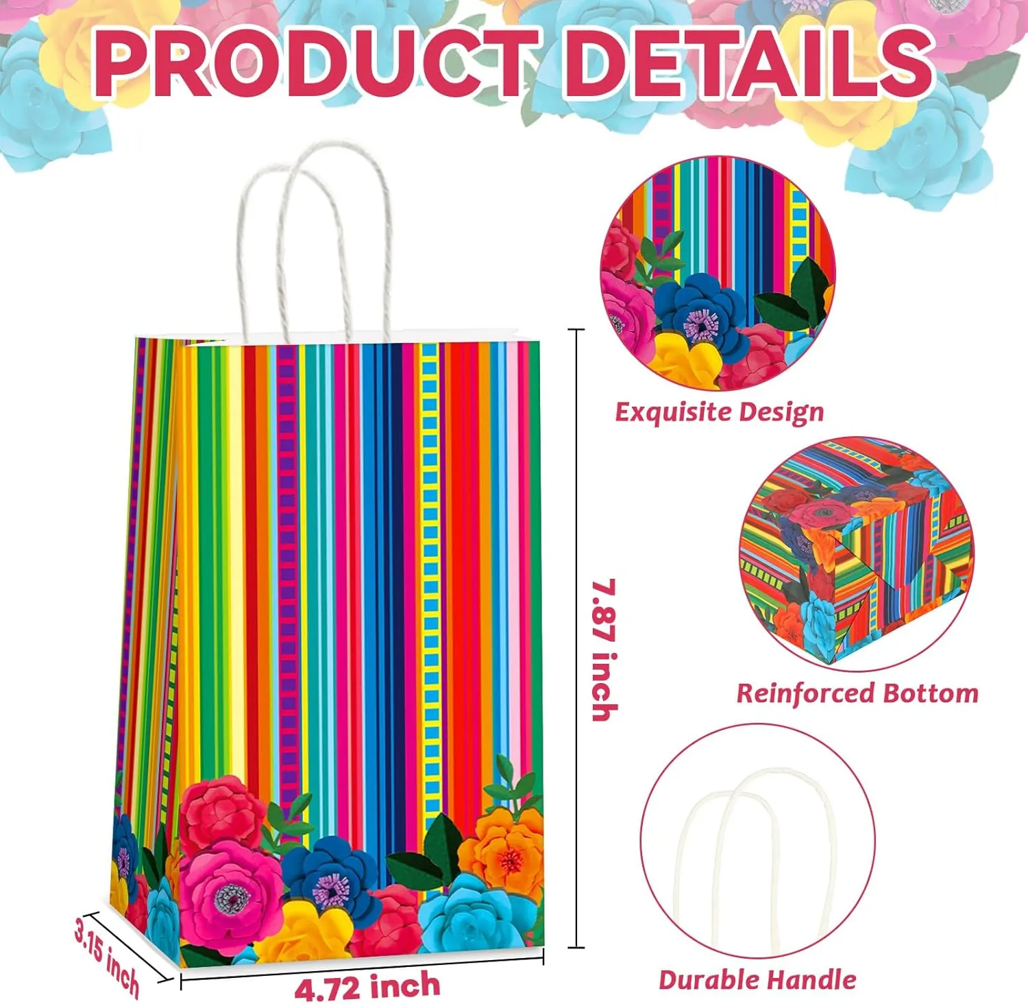 12pcs Mexican Fiesta Party Favor Bags Mexican Treat Bags Cinco De Mayo Candy Bag Floral Stripes Gift Goodie Bag for Flowers Birthday Party Taco Wedding Baby Shower Supplies Decorations 4.7*3.15*8inch