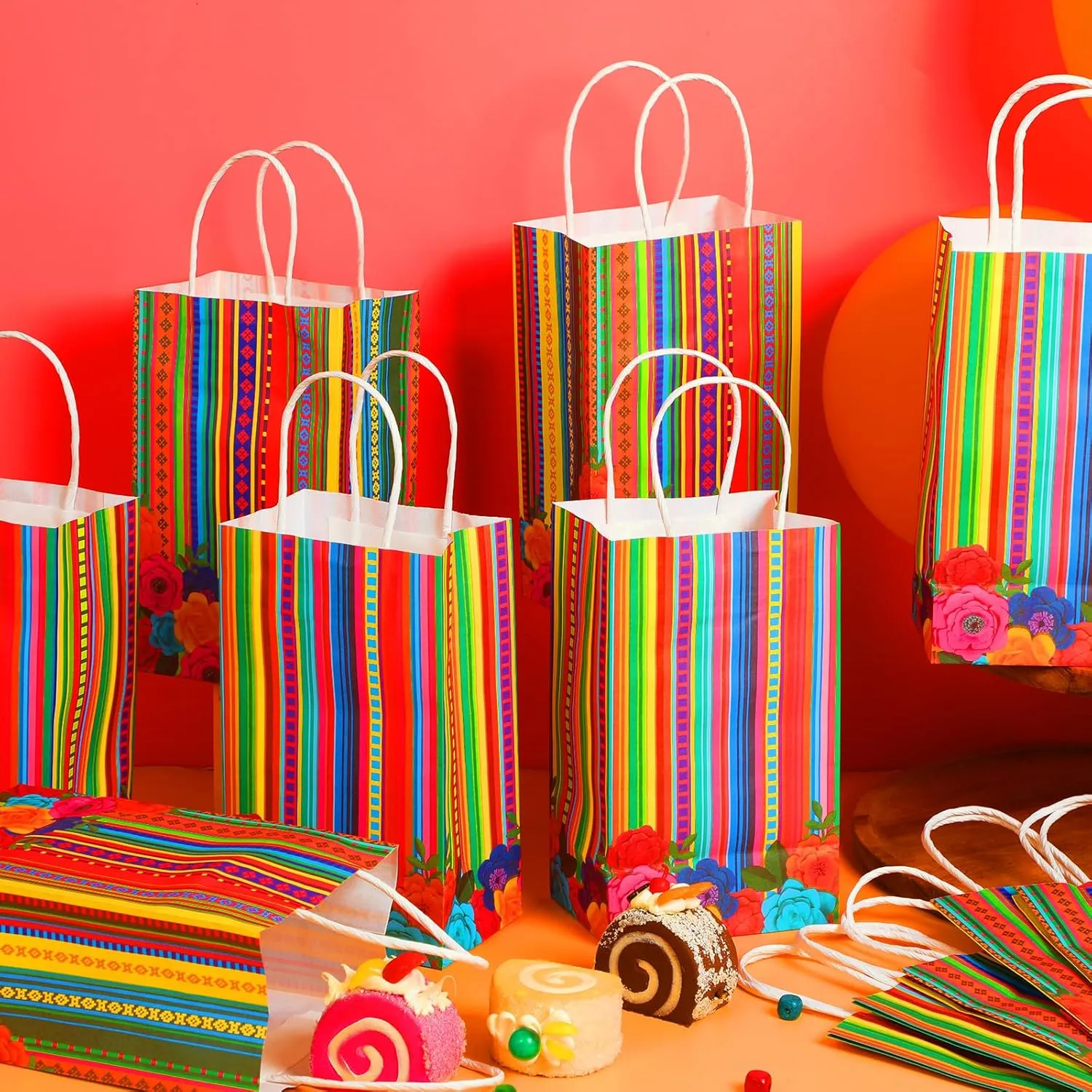 12pcs Mexican Fiesta Party Favor Bags Mexican Treat Bags Cinco De Mayo Candy Bag Floral Stripes Gift Goodie Bag for Flowers Birthday Party Taco Wedding Baby Shower Supplies Decorations 4.7*3.15*8inch