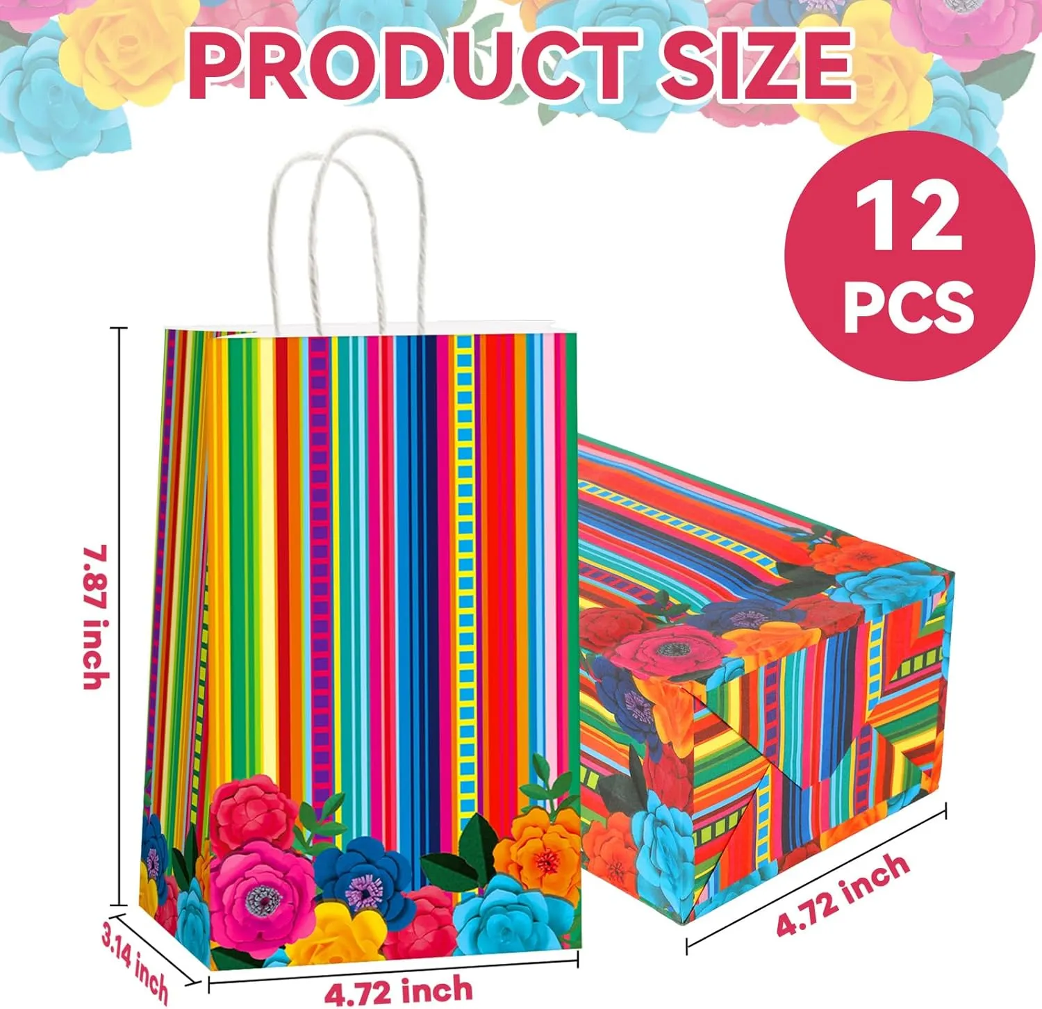 12pcs Mexican Fiesta Party Favor Bags Mexican Treat Bags Cinco De Mayo Candy Bag Floral Stripes Gift Goodie Bag for Flowers Birthday Party Taco Wedding Baby Shower Supplies Decorations 4.7*3.15*8inch