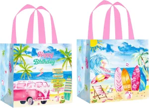 12pcs Vintage Surfing Surfboard Gift Treat Bags with Handles Summer Surfing Birthday Party Decorations for Girls Pink Surf Van Surfboard Surfer Theme Non-Woven Bags for Hawaii Surf Party Supplies