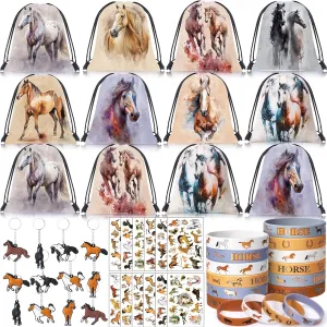 12Sets Horse Party Favors Birthday Supplies Boy Girl Kid, Drawstring Bag Silicone Bracelet Tattoo Sticker Keychain Horse Themed Pinata Filler Cowboy Cowgirl Rodeo Western Party Favors Supplies