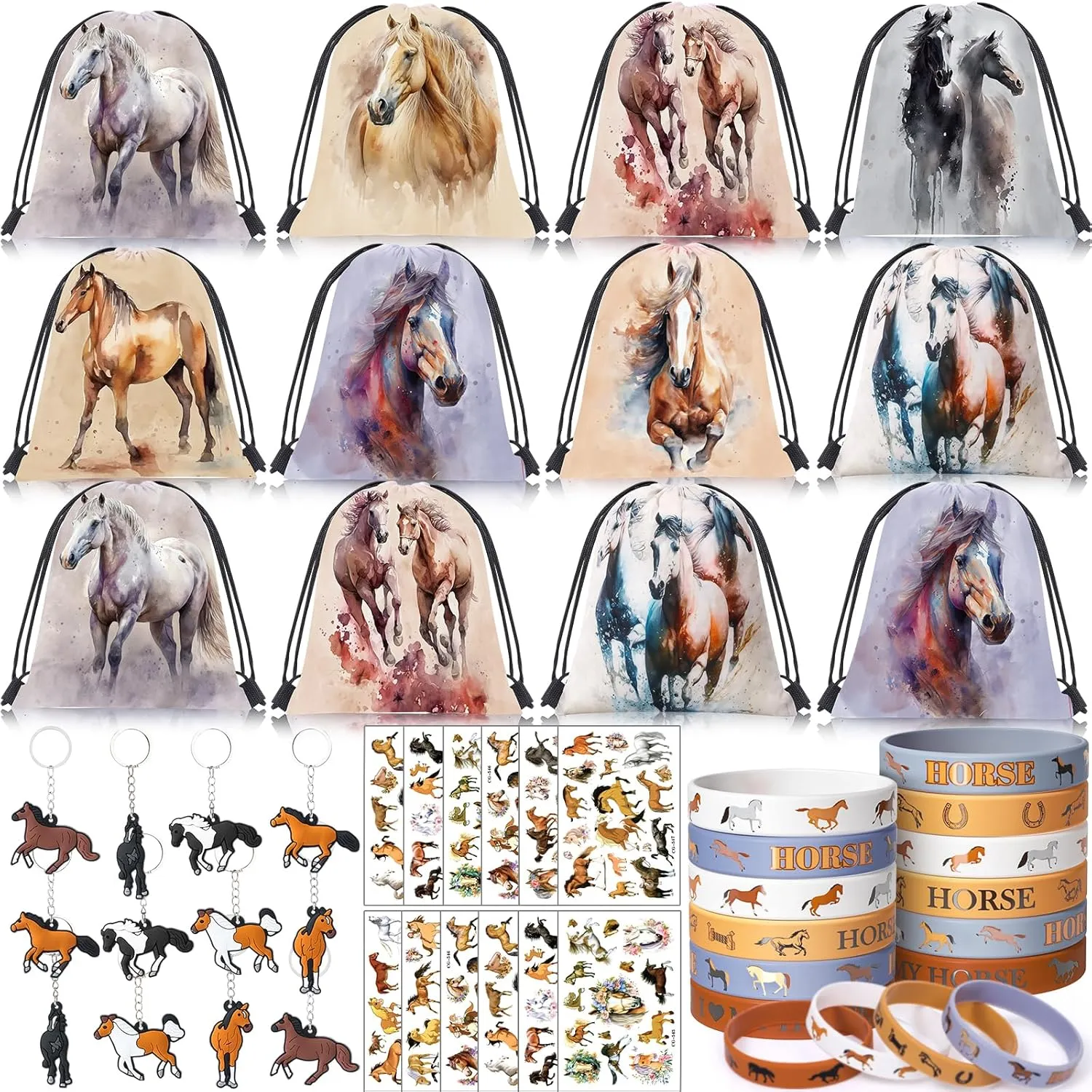 12Sets Horse Party Favors Birthday Supplies Boy Girl Kid, Drawstring Bag Silicone Bracelet Tattoo Sticker Keychain Horse Themed Pinata Filler Cowboy Cowgirl Rodeo Western Party Favors Supplies