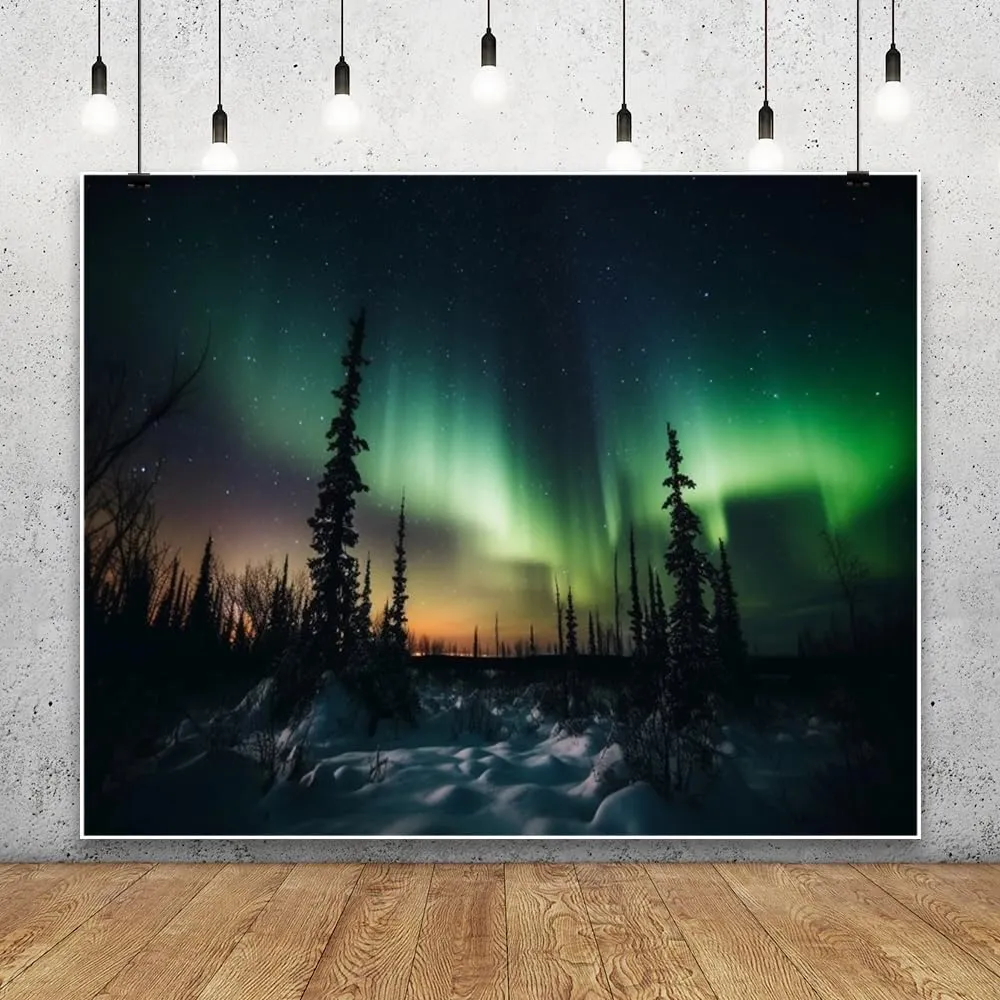 12x10ft Northern Lights Backdrop Photography Aurora Borealis Arctic Snow-Capped Mountains Pine Forest Backdrop Norway Winter Natural Landscape Kids Travel Party Birthday Background Decor