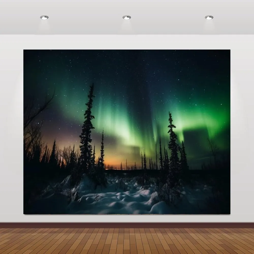 12x10ft Northern Lights Backdrop Photography Aurora Borealis Arctic Snow-Capped Mountains Pine Forest Backdrop Norway Winter Natural Landscape Kids Travel Party Birthday Background Decor