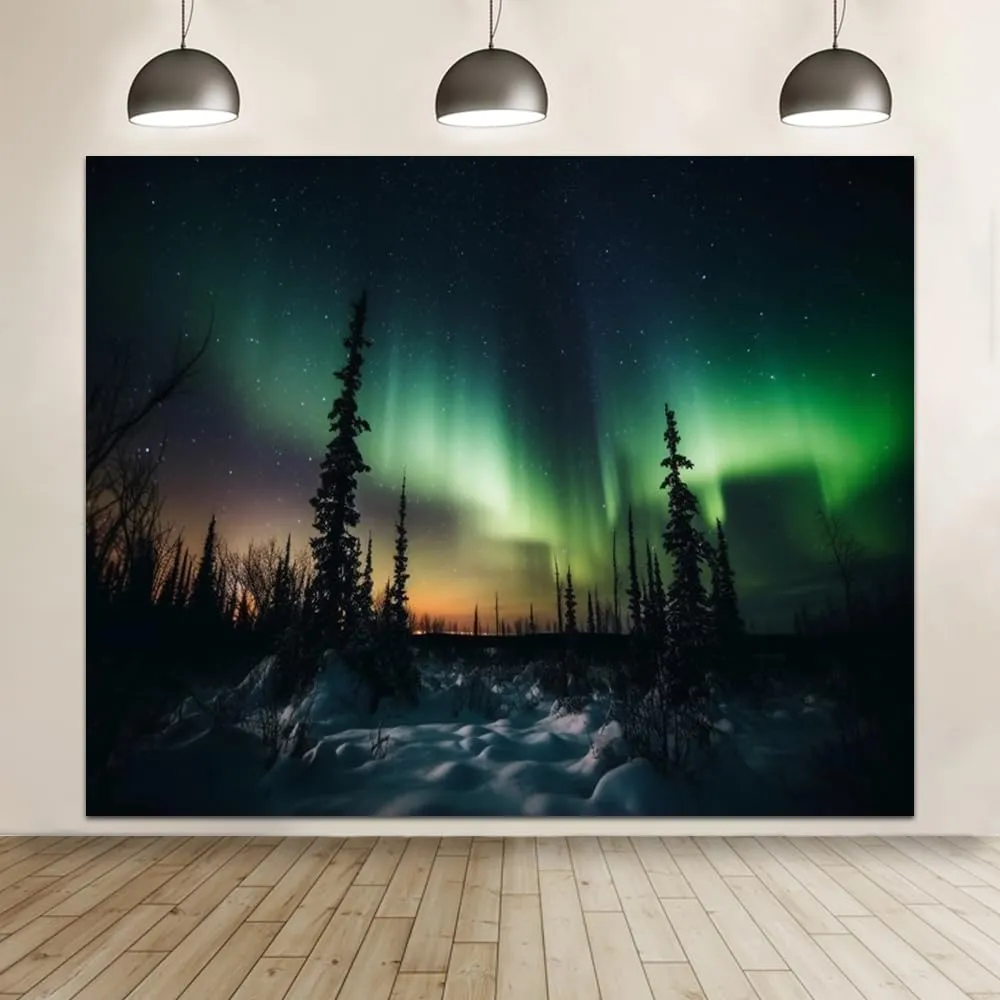 12x10ft Northern Lights Backdrop Photography Aurora Borealis Arctic Snow-Capped Mountains Pine Forest Backdrop Norway Winter Natural Landscape Kids Travel Party Birthday Background Decor