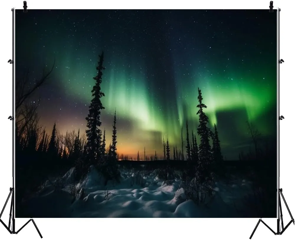 12x10ft Northern Lights Backdrop Photography Aurora Borealis Arctic Snow-Capped Mountains Pine Forest Backdrop Norway Winter Natural Landscape Kids Travel Party Birthday Background Decor