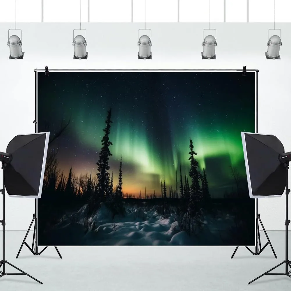 12x10ft Northern Lights Backdrop Photography Aurora Borealis Arctic Snow-Capped Mountains Pine Forest Backdrop Norway Winter Natural Landscape Kids Travel Party Birthday Background Decor