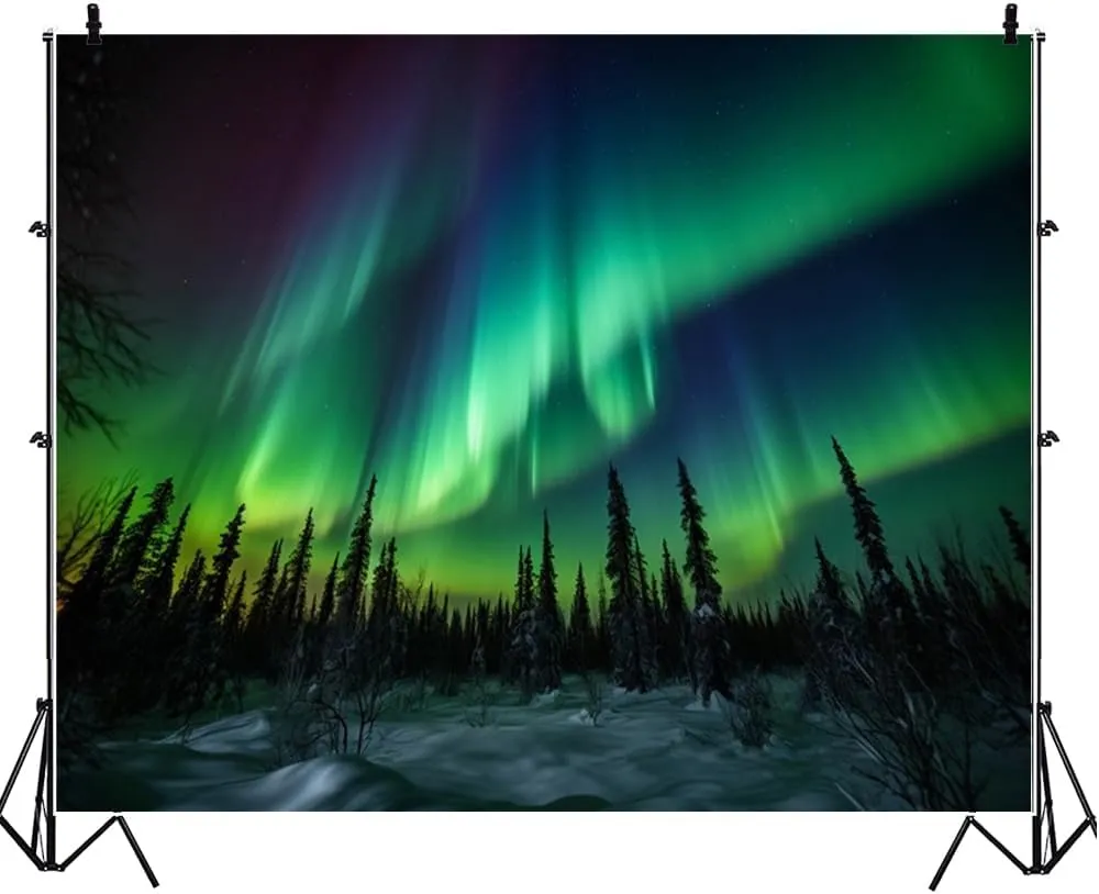 12x10ft Northern Lights Photography Backdrop Aurora Borealis Arctic Snow-Capped Mountains Forest Photo Backdrop Norway Winter Natural Landscape Kids Travel Party Birthday Background Decor