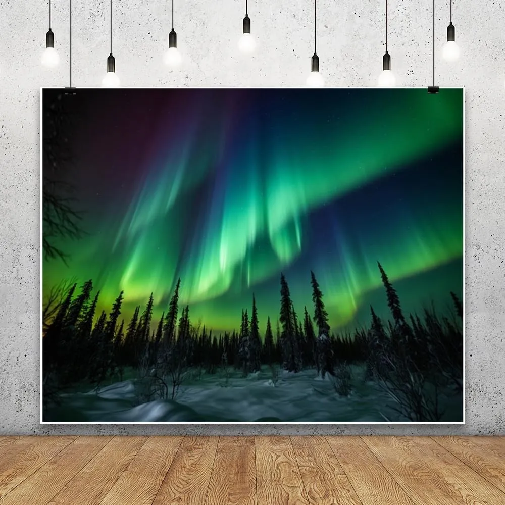 12x10ft Northern Lights Photography Backdrop Aurora Borealis Arctic Snow-Capped Mountains Forest Photo Backdrop Norway Winter Natural Landscape Kids Travel Party Birthday Background Decor