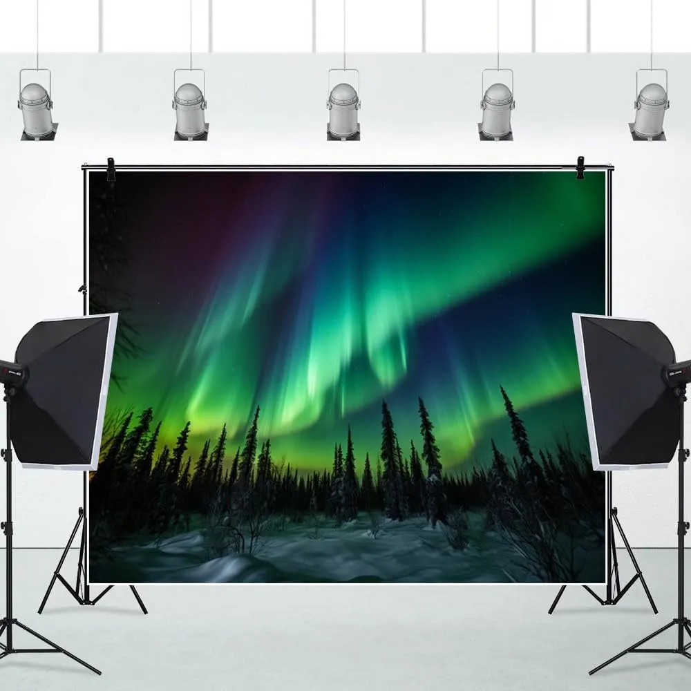 12x10ft Northern Lights Photography Backdrop Aurora Borealis Arctic Snow-Capped Mountains Forest Photo Backdrop Norway Winter Natural Landscape Kids Travel Party Birthday Background Decor