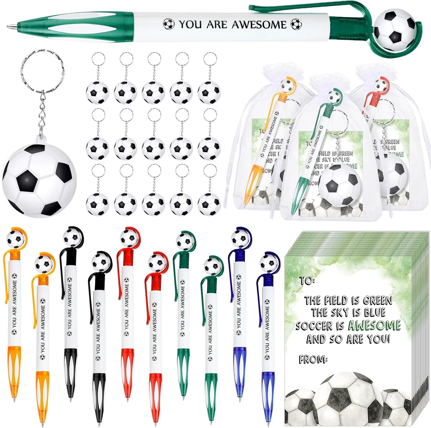 15 Sets Soccer Party Favors Team Gifts Include You Are Awesome Soccer Pens Stress Balls Keychains and Inspirational Cards