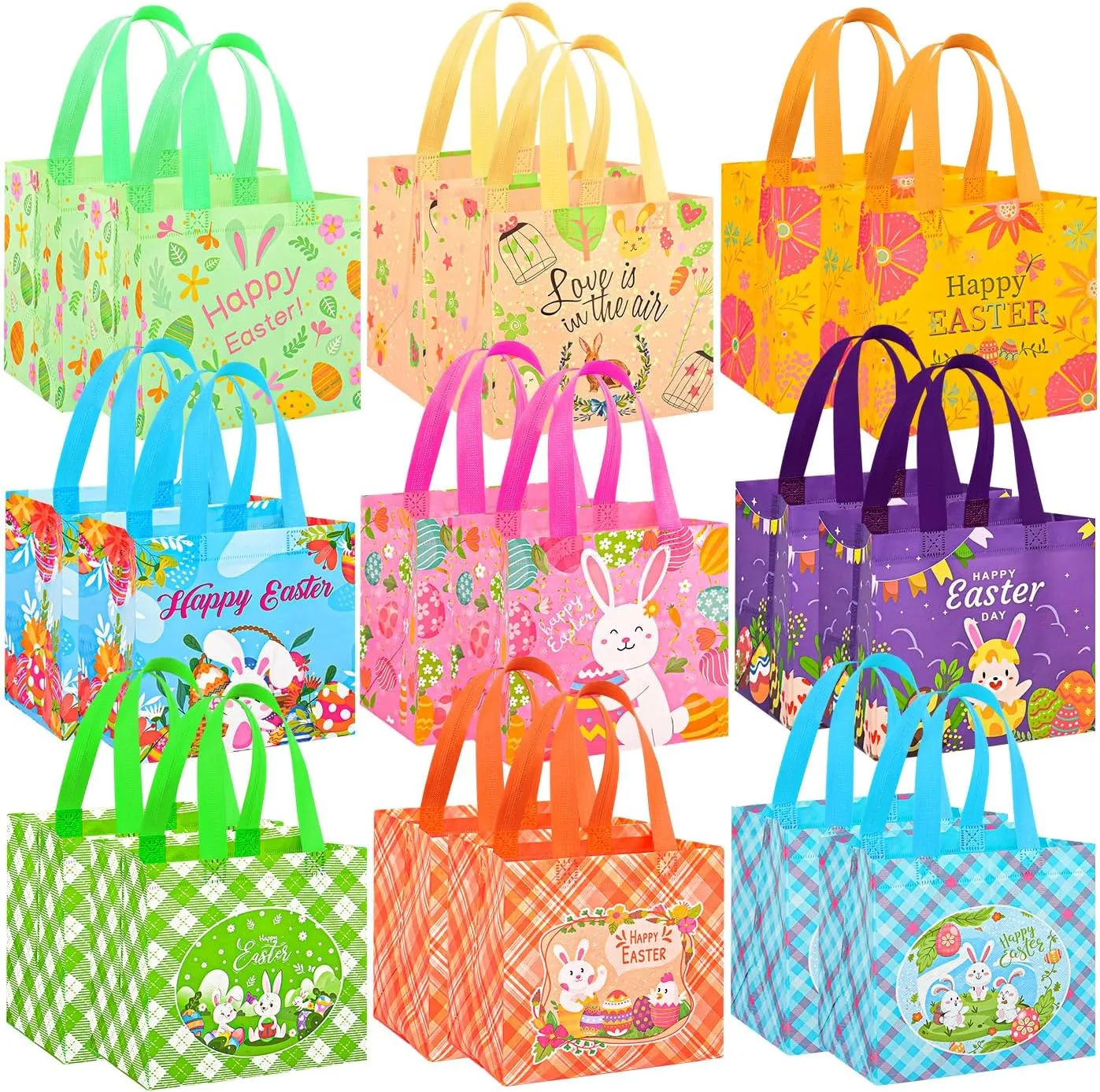 18Pack Easter Egg Hunt Bags, 8.3×7.9×6 inch Large Easter Bags with Handles,Bunny&Chick Egg Hunt Baskets for Kids, Adults, Party Supplies and Holiday Decor(9 Unique Patterns)