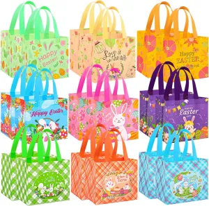 18Pack Easter Egg Hunt Bags, 8.3×7.9×6 inch Large Easter Bags with Handles,Bunny&Chick Egg Hunt Baskets for Kids, Adults, Party Supplies and Holiday Decor(9 Unique Patterns)