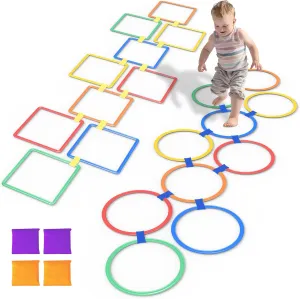 2 Sets Hopscotch Rings & Bean Bag Toss - 15 Inch Indoor/Outdoor Agility Rings (Square, Round) with 4 Beanbags - 20 Pcs Obstacle Course Rings for Kids & Adults