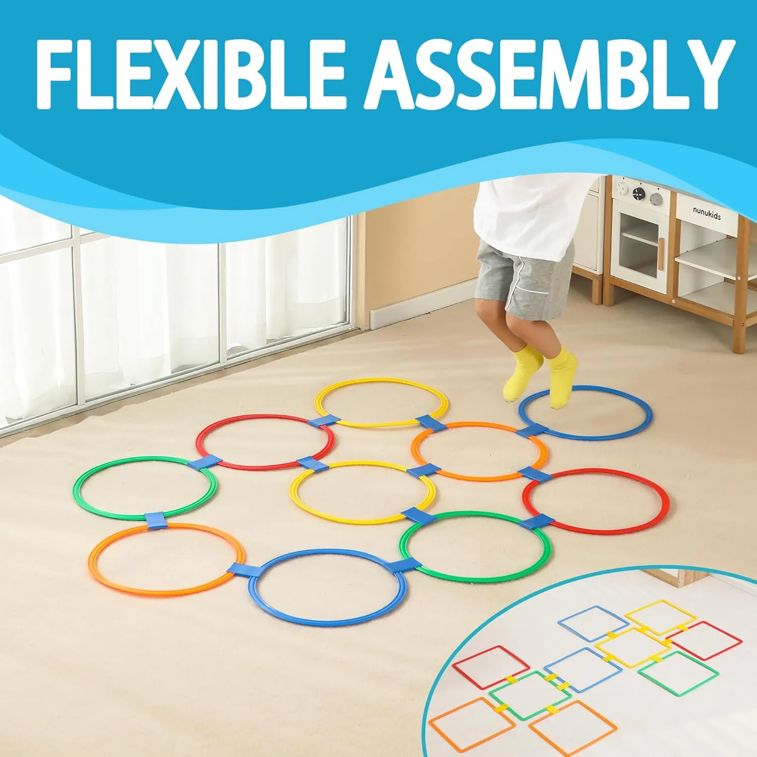 2 Sets Hopscotch Rings & Bean Bag Toss - 15 Inch Indoor/Outdoor Agility Rings (Square, Round) with 4 Beanbags - 20 Pcs Obstacle Course Rings for Kids & Adults