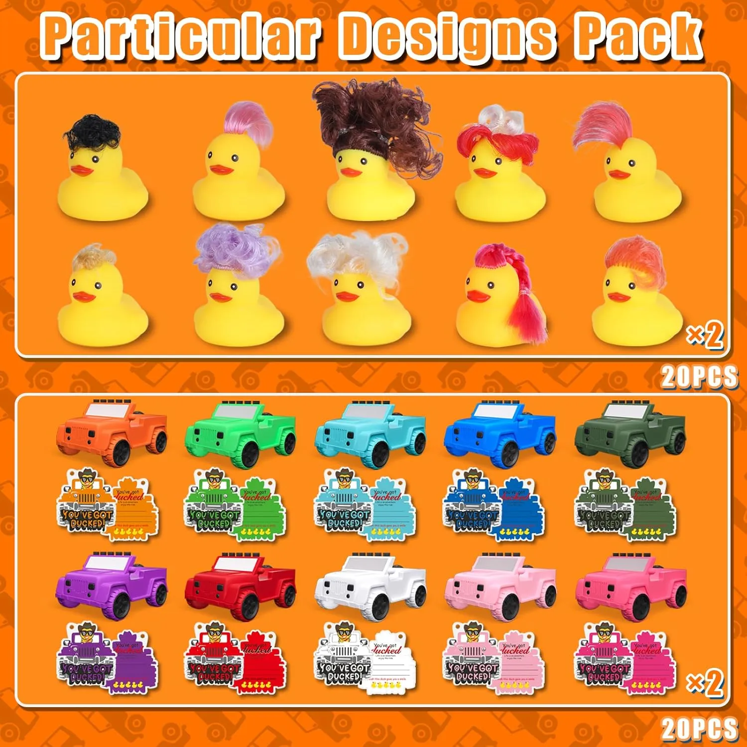 20 Pcs Jeep Ducks for Ducking with Wig,20 Jeep Ducks 20 Jeeps for Car Dashboard Decoration Baby Bath Toy Party Favors Birthdays Gifts